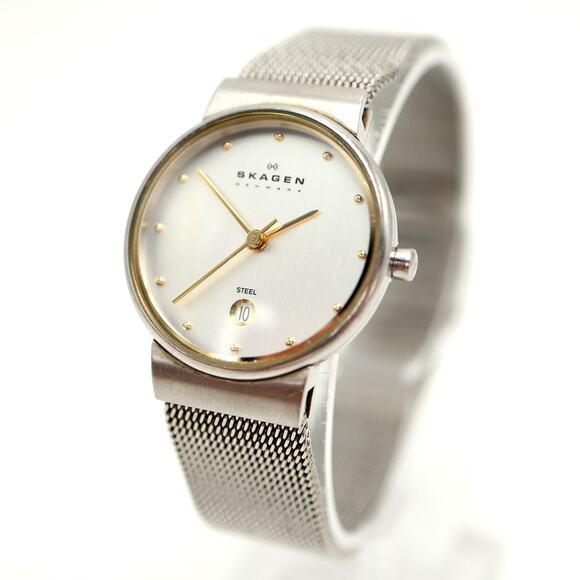 Skagen Womens Two Tone Slim 26mm Date Watch Steel Mesh Strap w New Battery - Picture 1 of 14